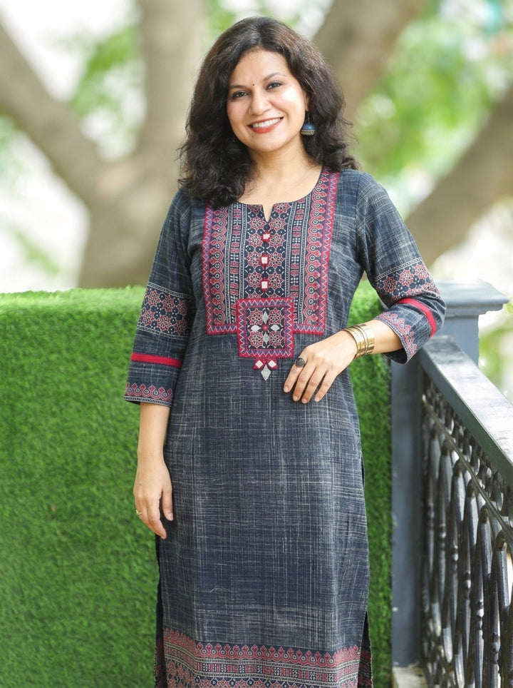 Zariya Denim Blue Ajrakh Yoke Brush Painted Cotton Kurti