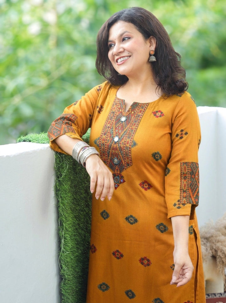 Shachi Dijon Yellow Mirror Work Kullu Semi Woolen Winter Kurti