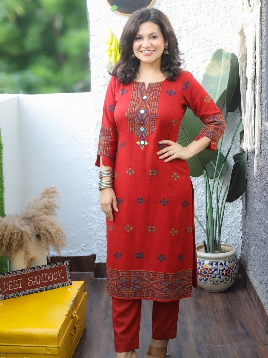 Shachi Tomato Red Mirror Work Kullu Semi Woolen Winter Kurti