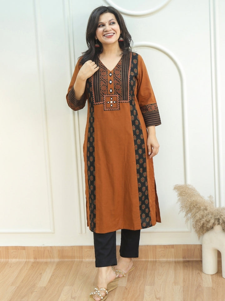 Drishti Burnt Rust Triple Panel Ajrak Yoke with Mirror Cotton Kurti