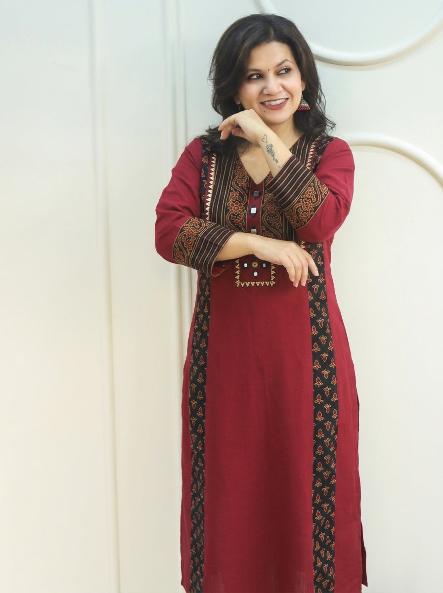 Drishti Berry Red Triple Panel Ajrak Yoke with Mirror Cotton Kurti