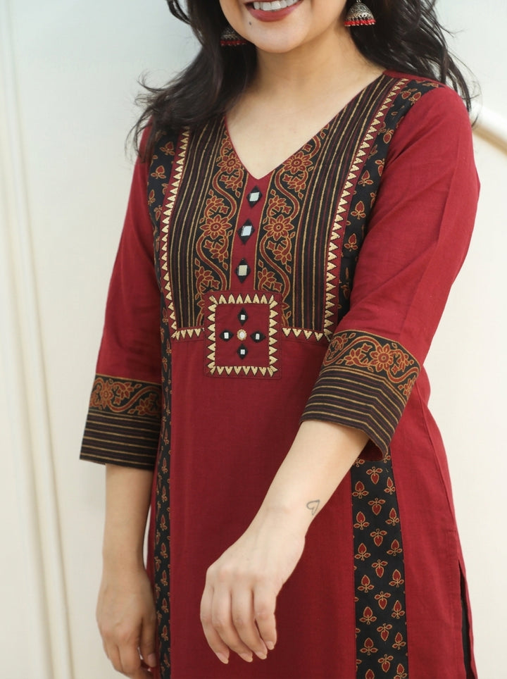 Drishti Berry Red Triple Panel Ajrak Yoke with Mirror Cotton Kurti