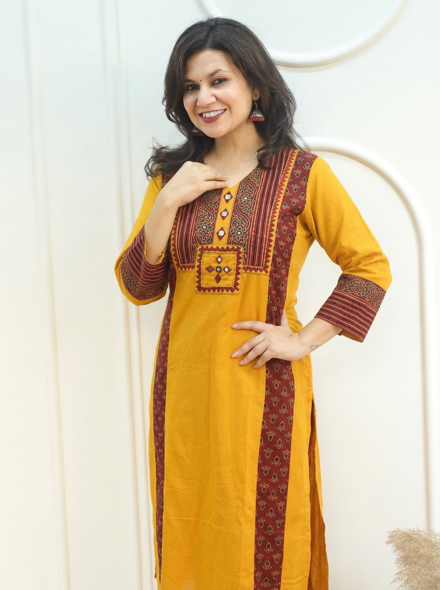 Drishti Turmeric Yellow Triple Panel Ajrak Yoke with Mirror Cotton Kurti