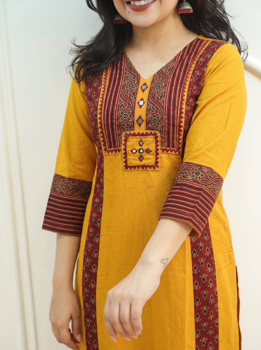 Drishti Turmeric Yellow Triple Panel Ajrak Yoke with Mirror Cotton Kurti