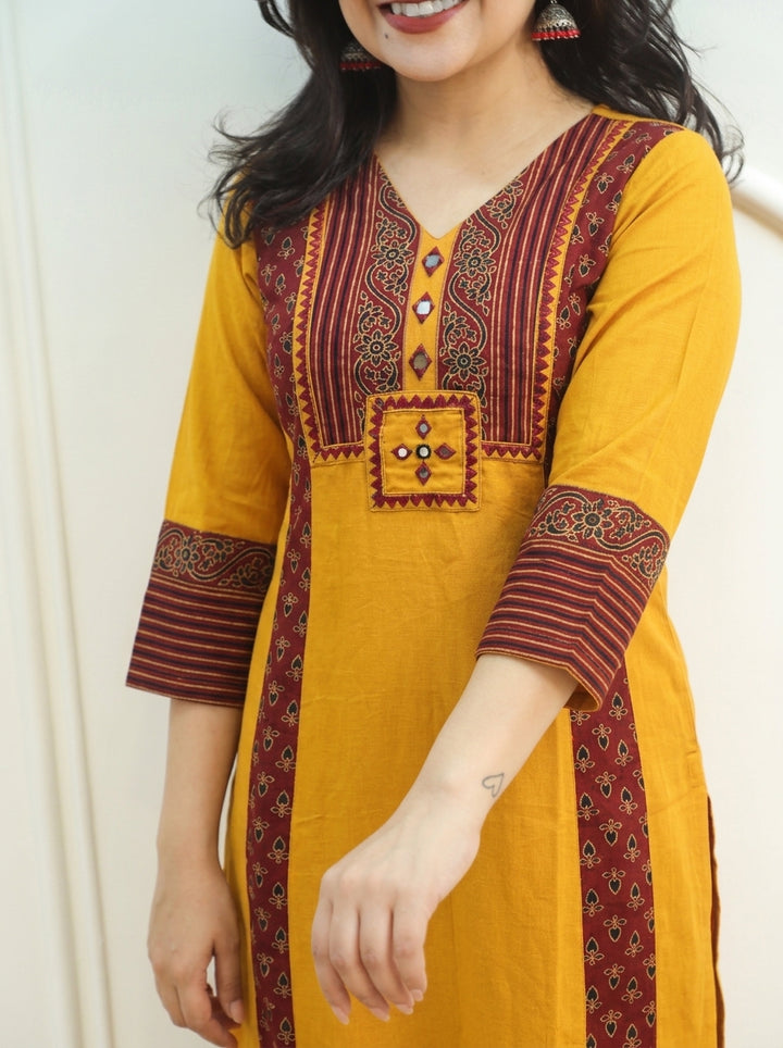 Drishti Turmeric Yellow Triple Panel Ajrak Yoke with Mirror Cotton Kurti