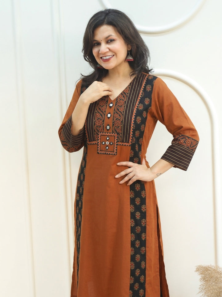 Drishti Burnt Rust Triple Panel Ajrak Yoke with Mirror Cotton Kurti