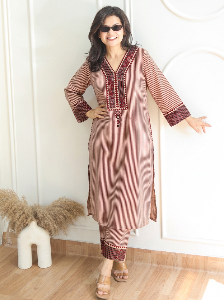 Amulya Brick Red Ajrakh Patch Stripe Print Cotton Co-ord Set