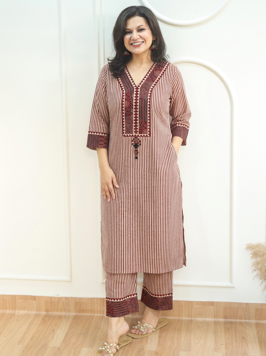 Amulya Brick Red Ajrakh Patch Stripe Print Cotton Co-ord Set