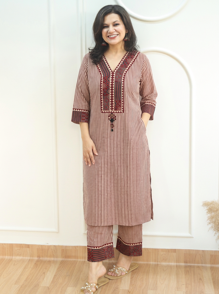 Amulya Brick Red Ajrakh Patch Stripe Print Cotton Co-ord Set