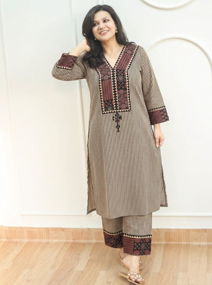 Amulya Onxy Black Ajrakh Patch Stripe Print Cotton Co-ord Set