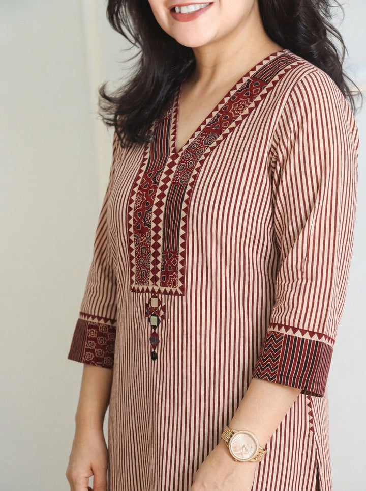 Amulya Brick Red Ajrakh Patch Stripe Print Cotton Co-ord Set