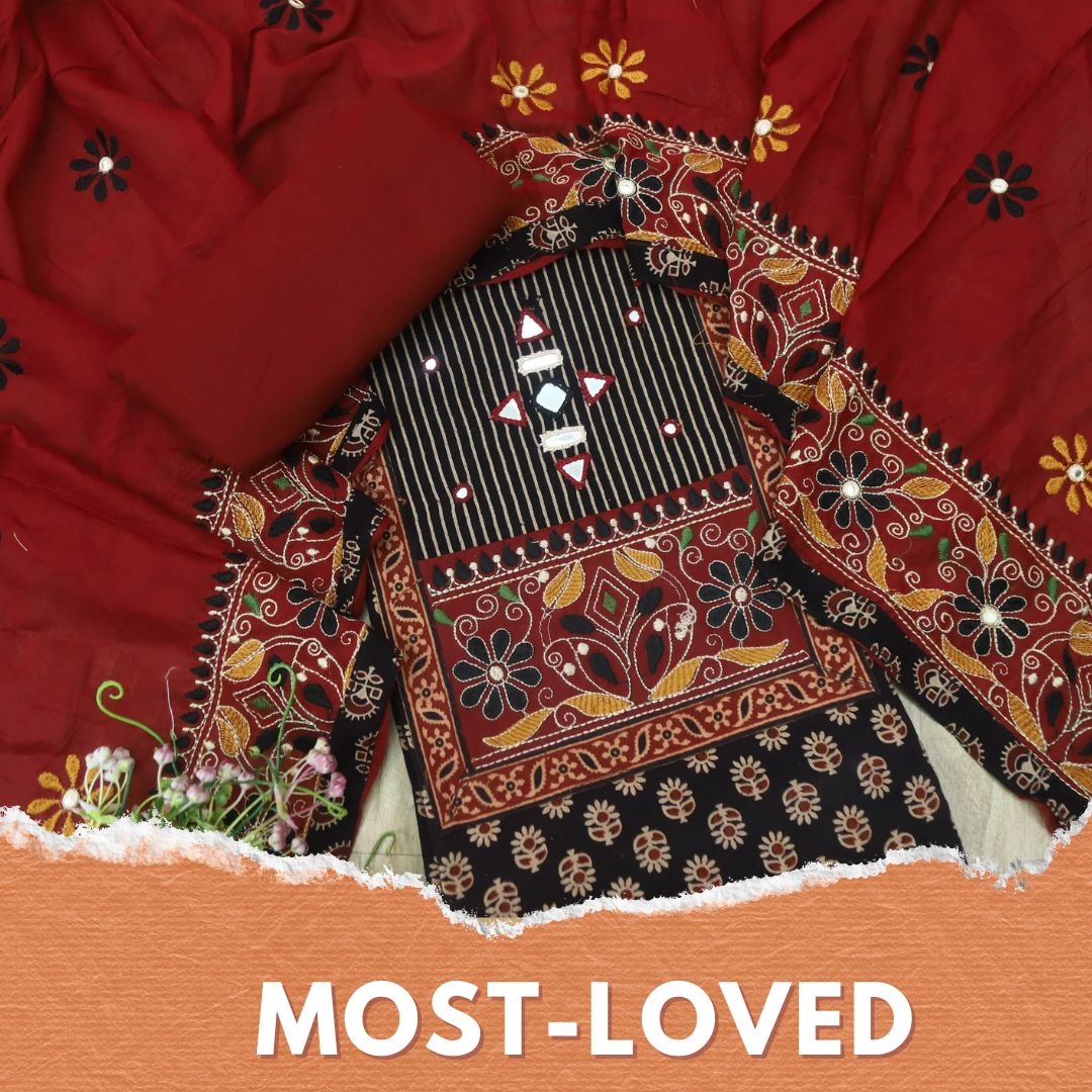 Kudmayi Oil Black Mirror Work In Kutch Work Cotton Suit Set