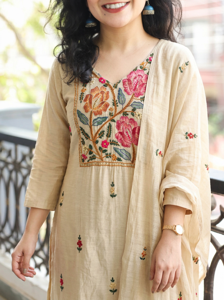Navira Champane Beige Kolkata Hand Embroidered 3 Piece Set