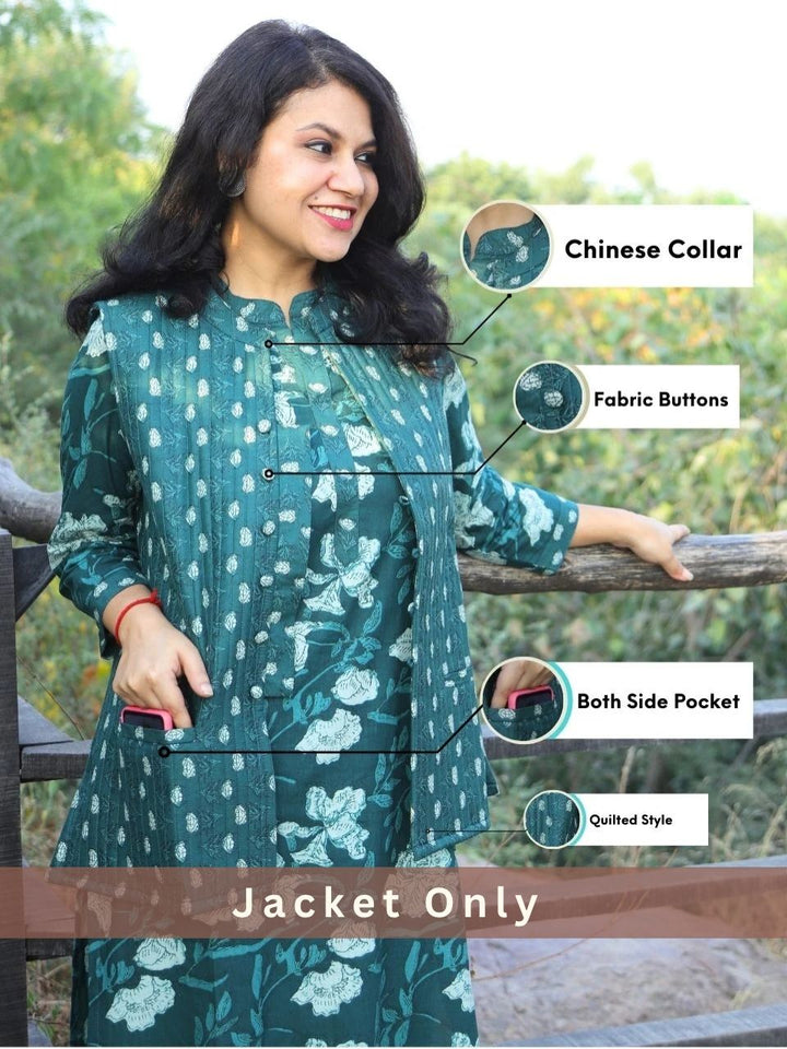 Dark Cyan Printed Quilted Cotton Jacket