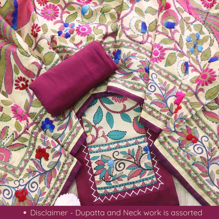 Pankhudi Eggplant Purple Phulkari Work Jam Cotton Top With Art Silk Dupatta