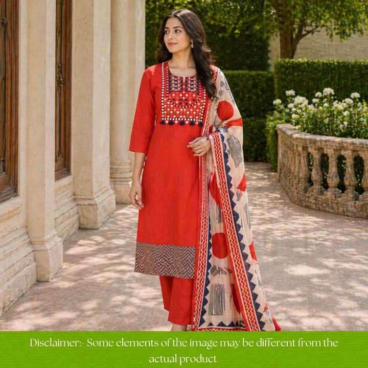 Alisha Burnt Red Embroidered Neck with Patra Rayon Set