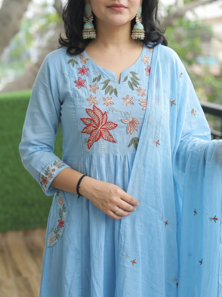 Shiwangi Iced Stone Blue Embroidered Mul Cotton 3 Piece Set