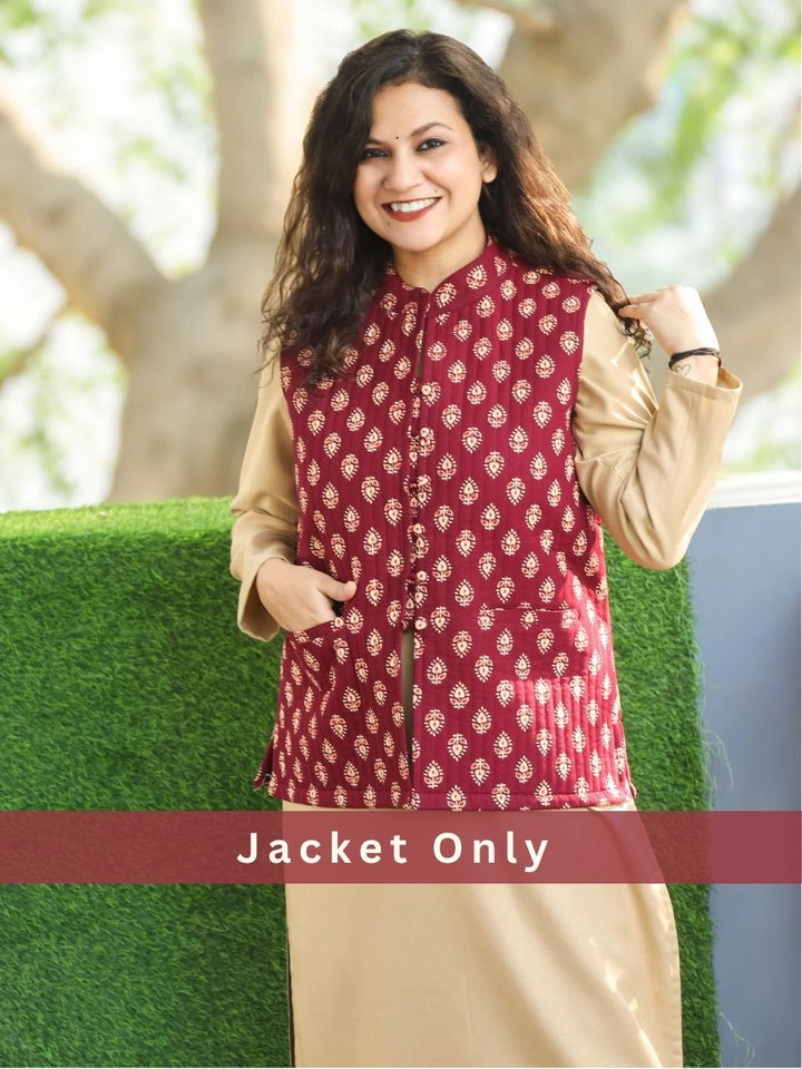 Sejal Burgundy Wine Ban Collar Gujjri Printed Quilted Cotton Jacket with Pocket