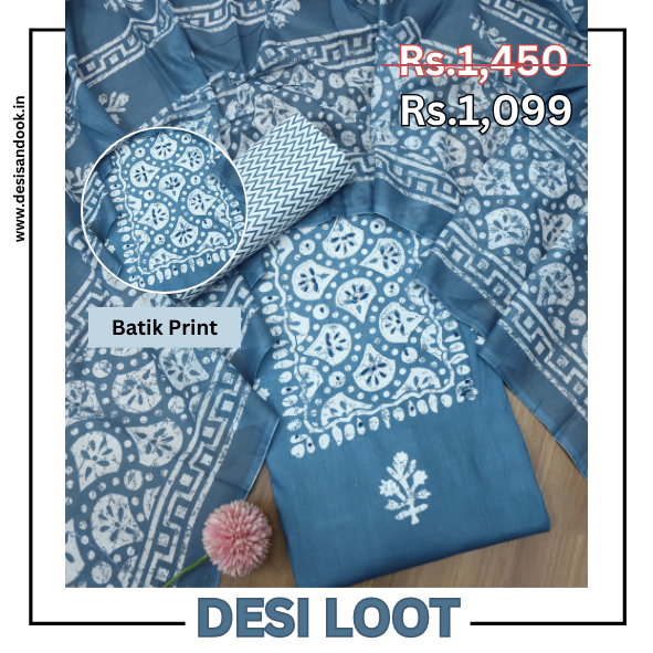 Nazara Steel Blue Moti Work in Batik Print Patch Cotton Suit Set