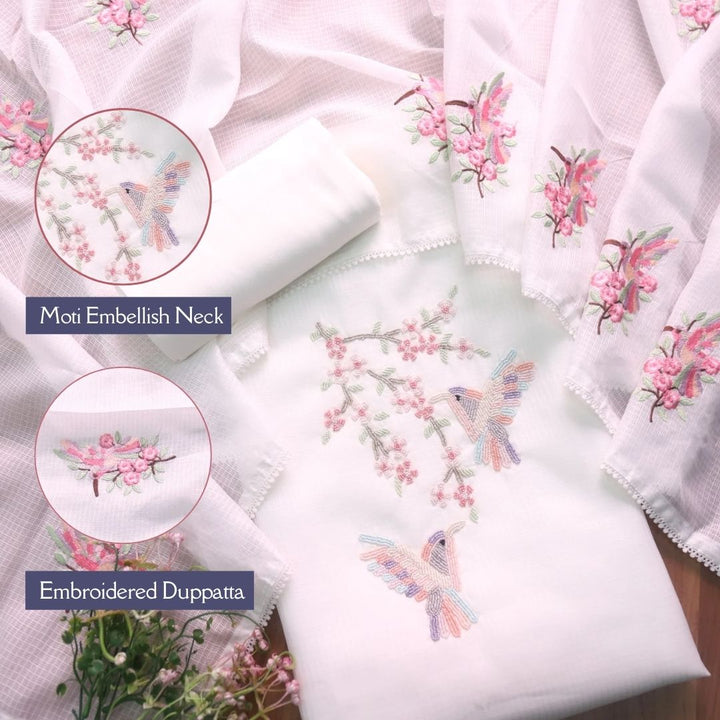 Neelbarri Pearl White Bird Style Moti Work Neck Kota Doriya Suit Set
