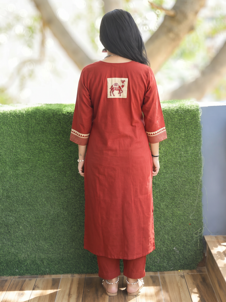 Megha Barn Maroon Mirror Work Camel Yoke Cotton Kurti