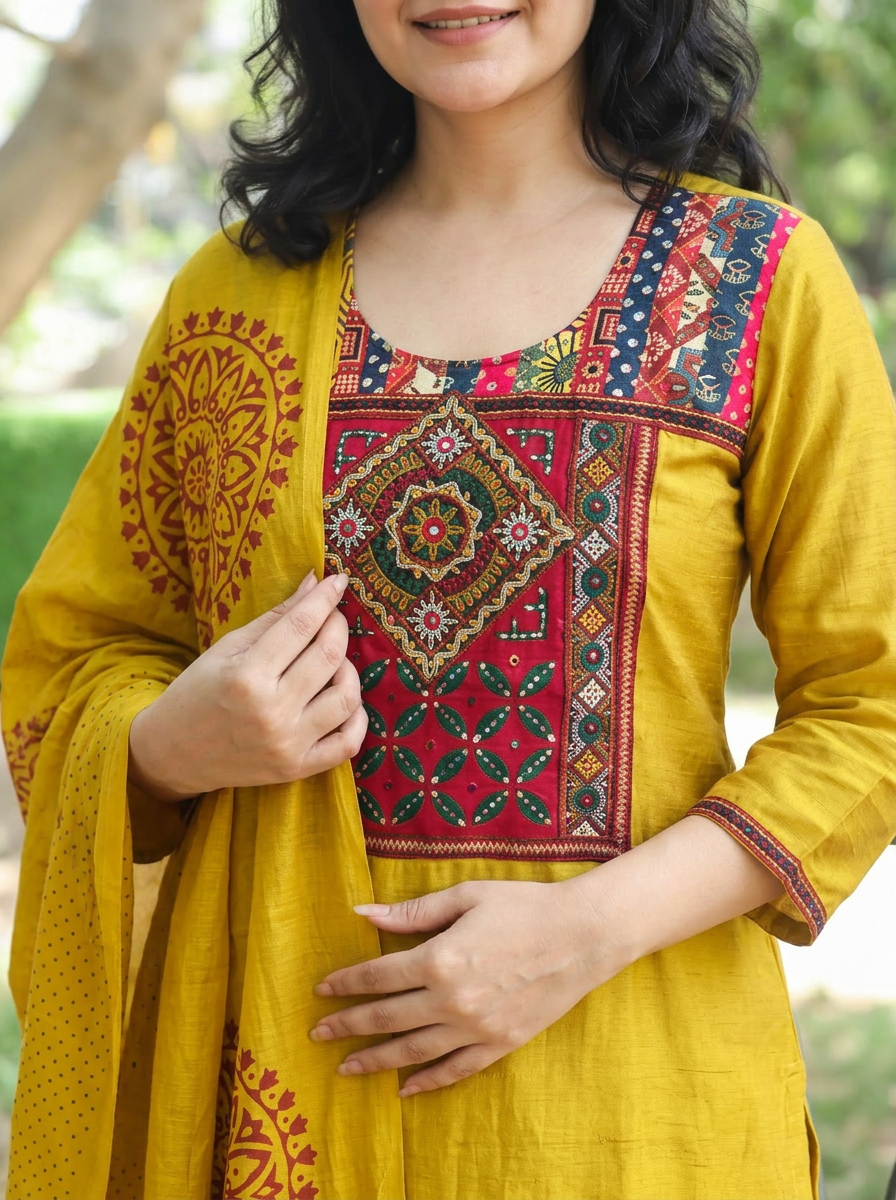 Arya Haldi Yellow Kutch embroidery Modal 3 Piece Set