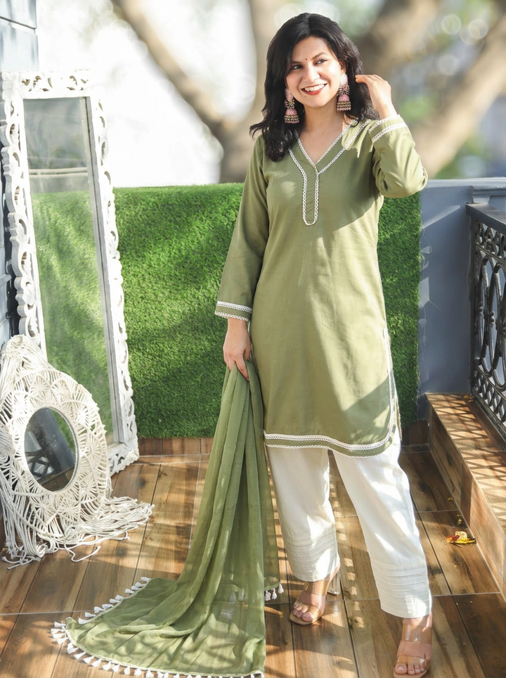 Ahana Sage Green Lace Work Farsi Cotton 3 Piece Set