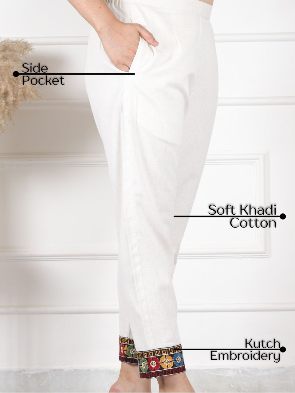 Shell White Kutch Embroidery Hem Khadi Cotton Trouser-D1