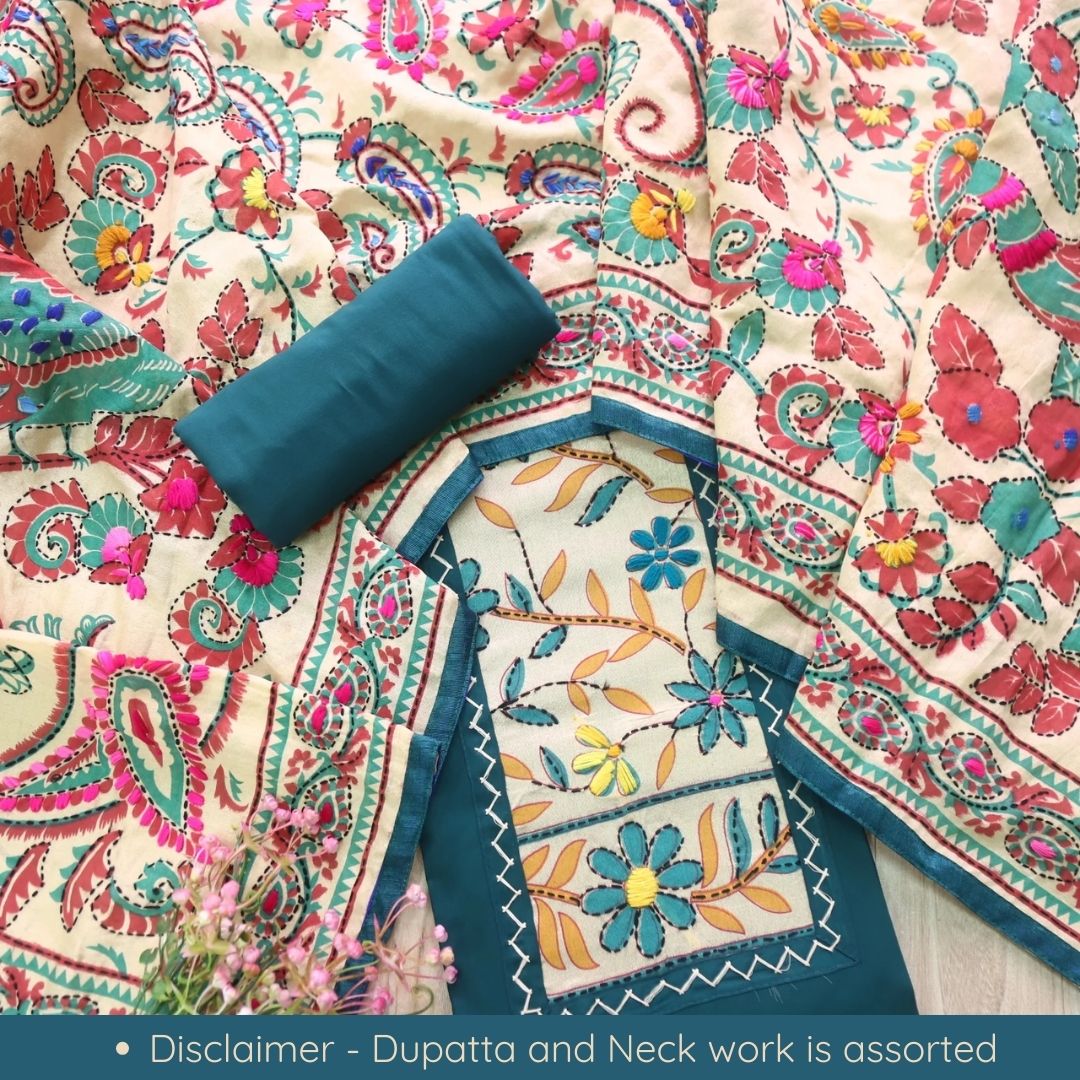Pankhudi Blue Phulkari Work Glazed Cotton Top With Art Silk Dupatta