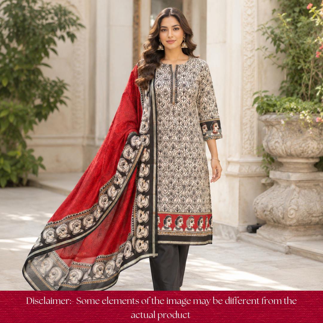 Parineeti Shell Beige with Red Kalamkari Print Maheswari Chanderi Set
