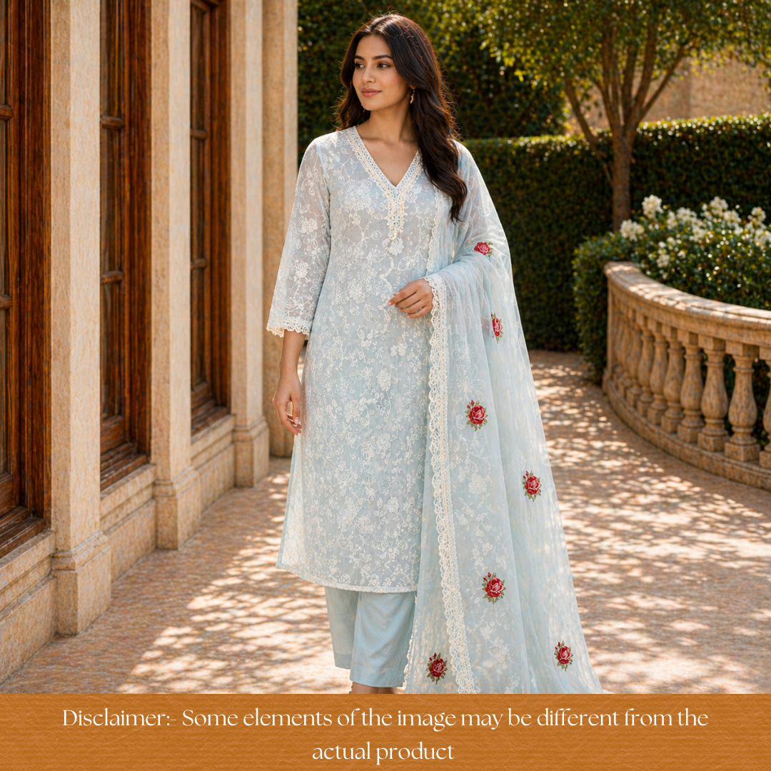 Julia Powder Blue Thread Embroidered with Kardana Chinon Set