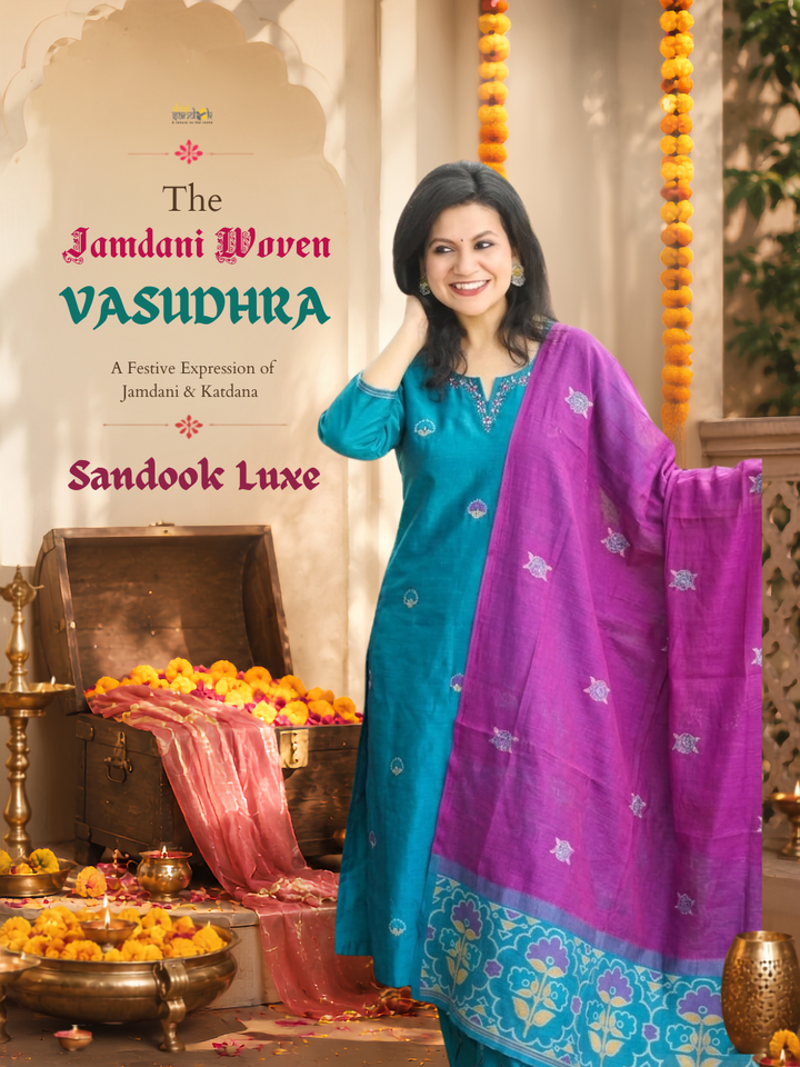 Vasudhra Aqua Teal Floral Jamdani 3 Piece Set