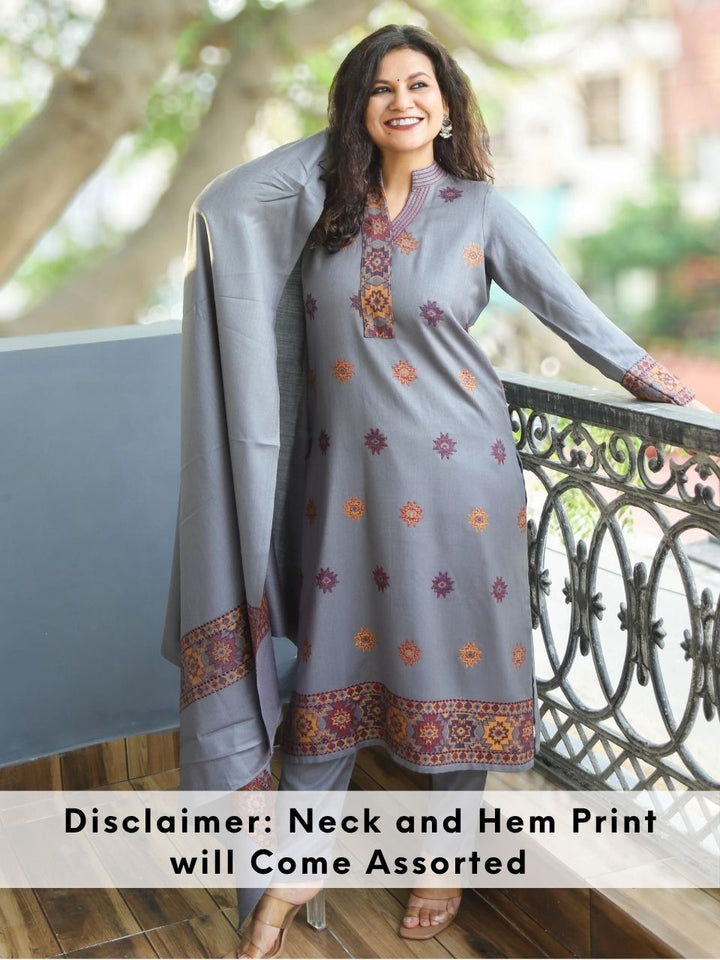 श्रीजा Slate Grey Ban Collar Kullu Thread Weaved Semi Pashmina Winter 3 Piece Set