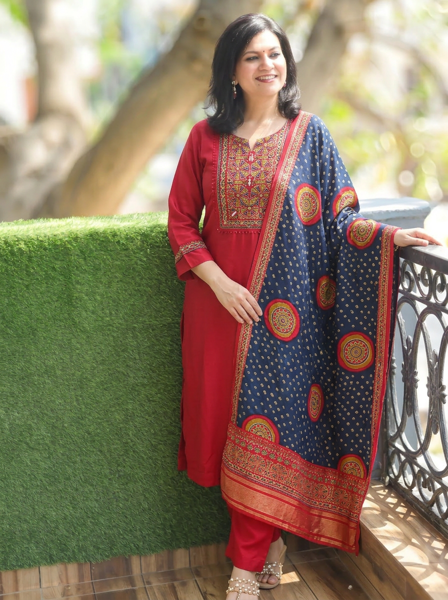 Khusboo Bride Red Mirror Printed Yoke Gajji Silk Set