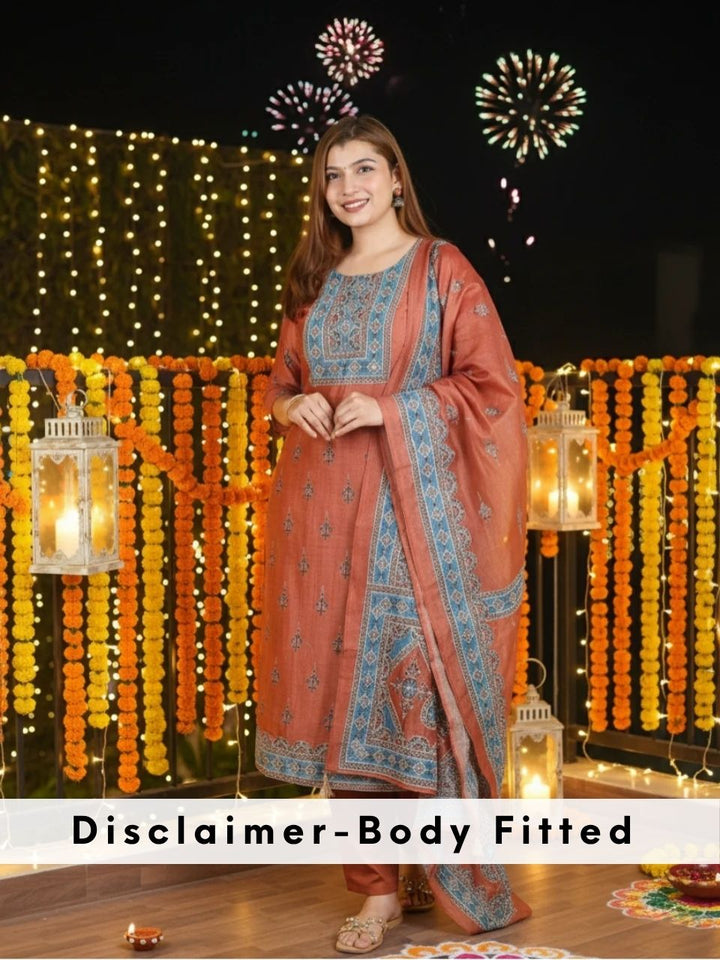 Jhanvi Burnt Rust Digital Printed Neck with Kantha Detailing Chanderi 3 Piece Set
