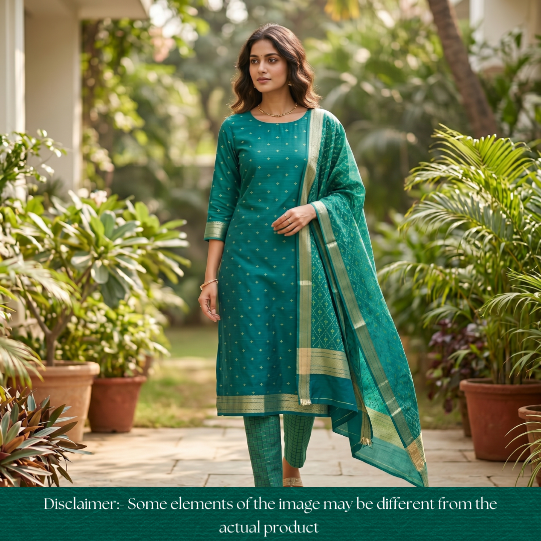 Saheli Teal Turq Golden Ikkat Weaved Tussar Chanderi Silk Set