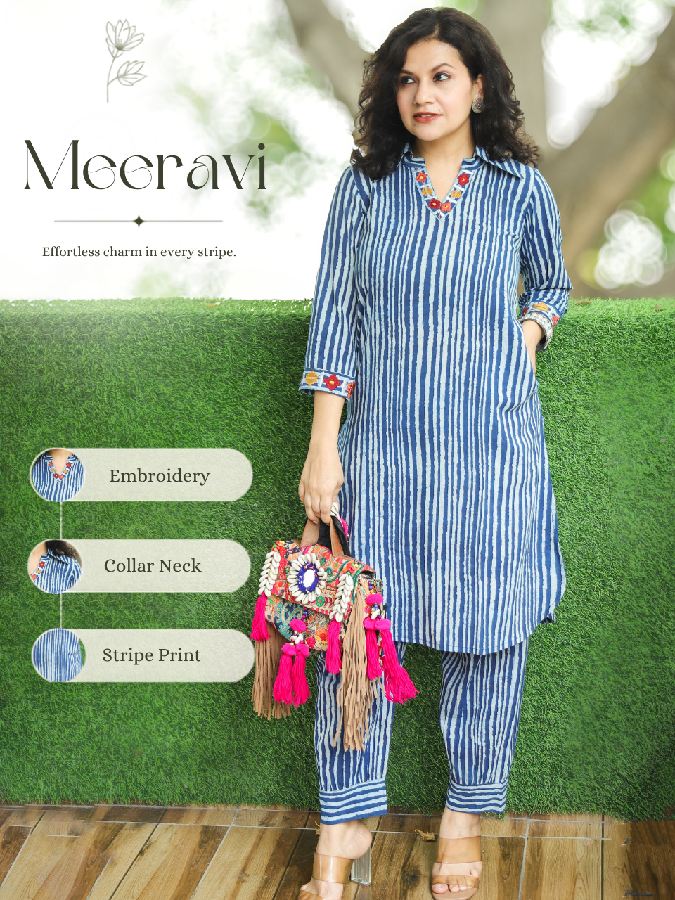 Meeravi Navy Blue Stripe Print Cotton Co-ord Set