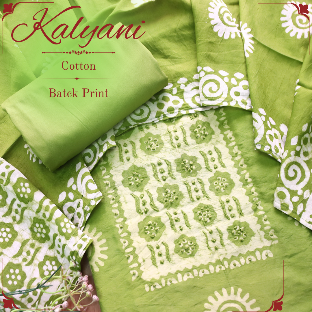 Kalyani  Leaf Green Fench Knot Batik Print Modal Set