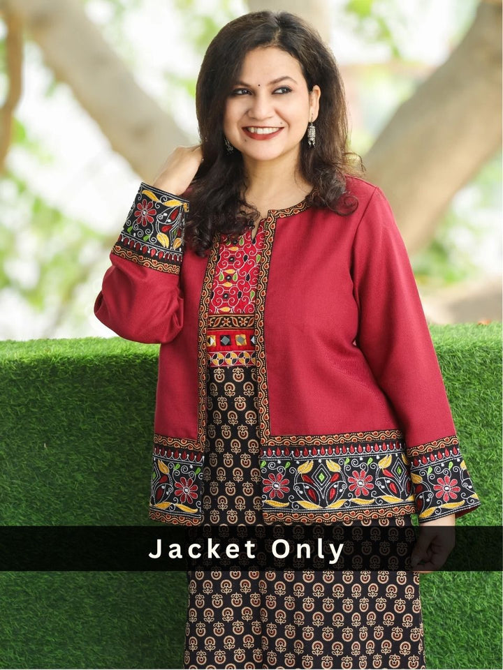 Sejal Maroon Round Neck with Embroidered Hem and Sleeve Semi Pashmina Jacket