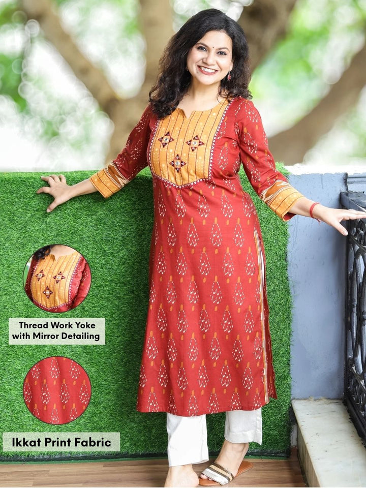 Ragini Barn Brown Thread Work Yoke with Mirror Detailing in Ikkat Printed Cotton Kurti