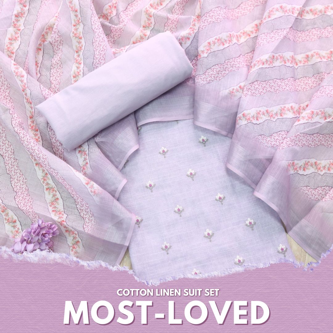 Parchaayi Lavender Purple Cross Stitch Floral Work Cotton Linen Suit Set