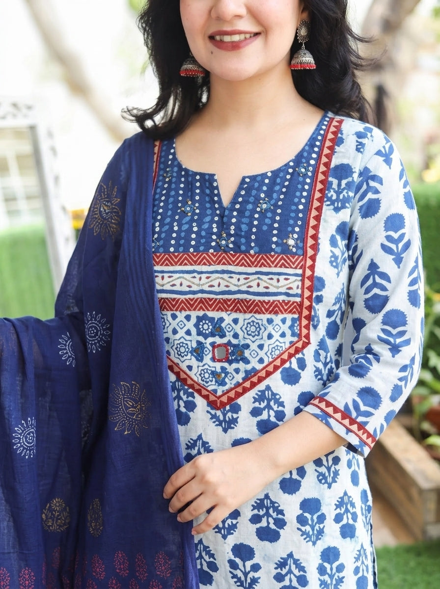 Muskaan Iced Indie Blue Dabu Printed 3 Piece Set
