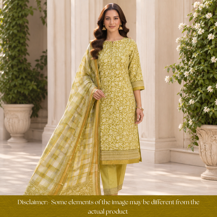 Saarthi Dijon Yellow Floral Printed Zari Weaved Hem Assam Silk Set
