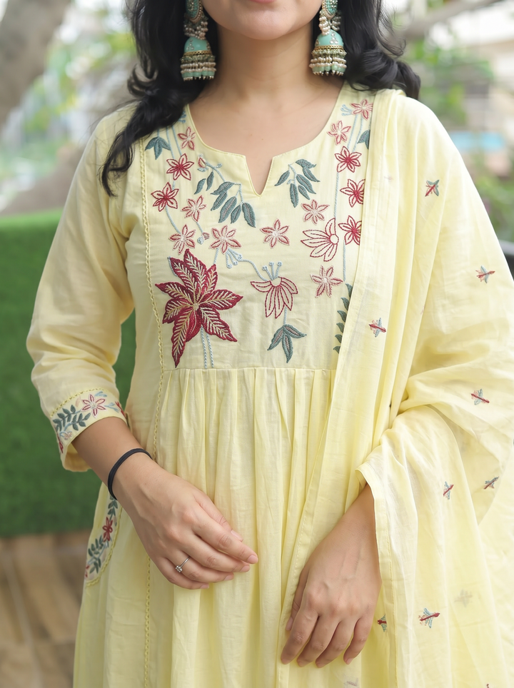 Shiwangi Butter Yellow Blue Embroidered Mul Cotton 3 Piece Set