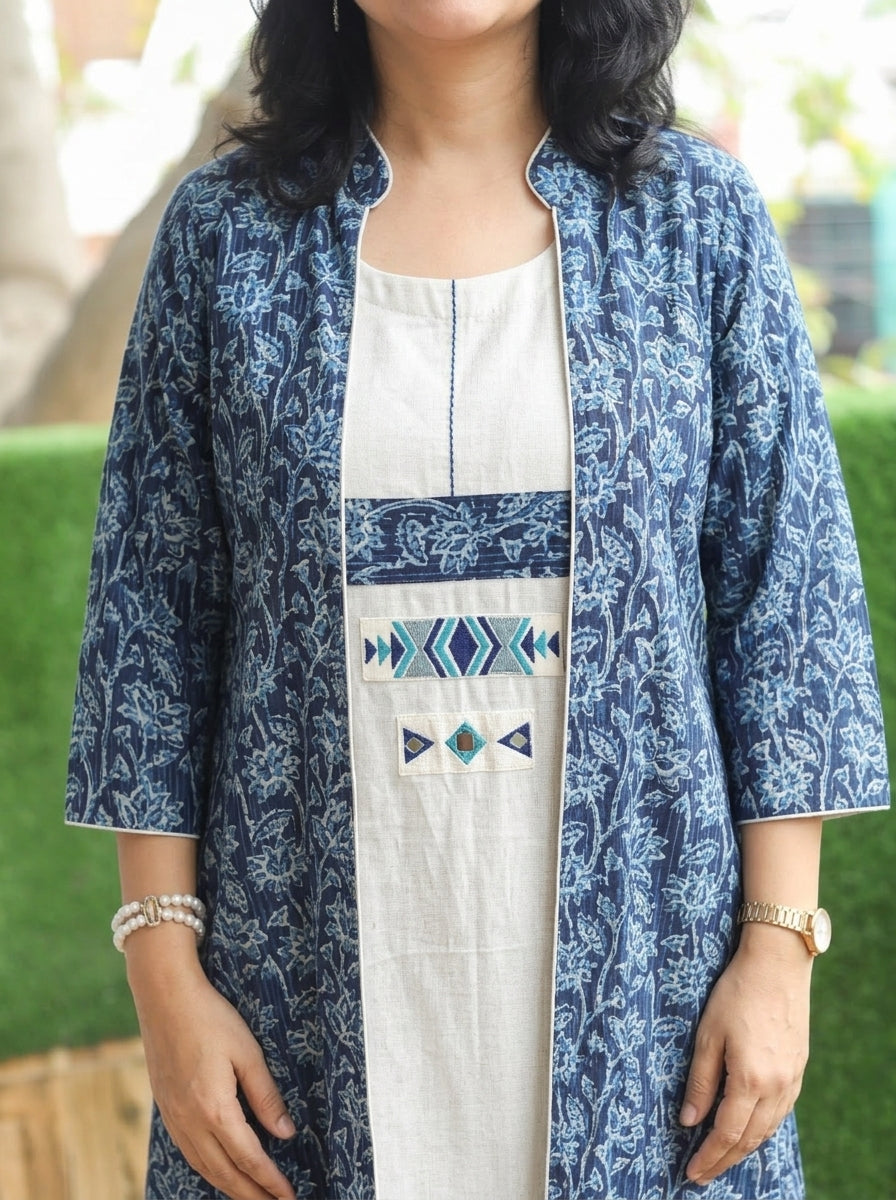Deewani White with Blue Cotton Jacket Co-ord Set