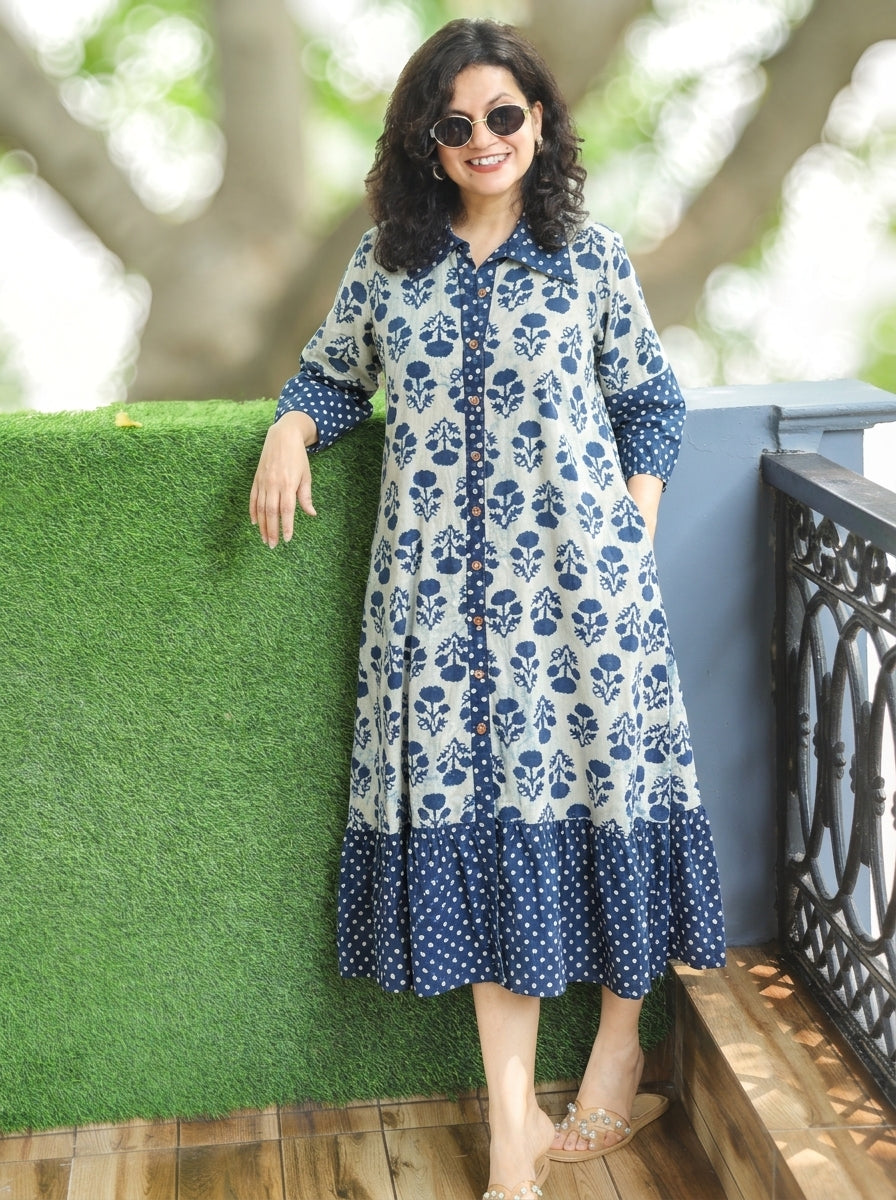 Asya Ice Blue Dabu Print Button Down Cotton Dress