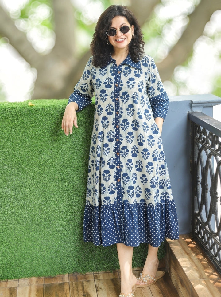 Asya Ice Blue Dabu Print Button Down Cotton Dress