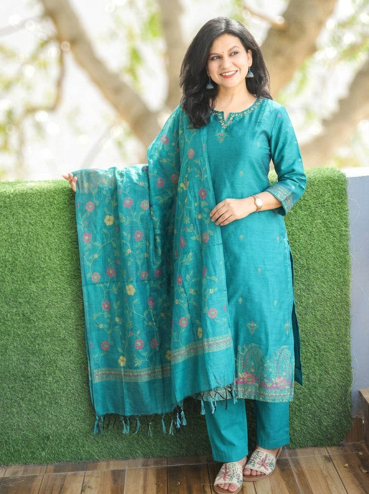 Nishroop Teal Floral Weaved Jamdani 3 Piece Set