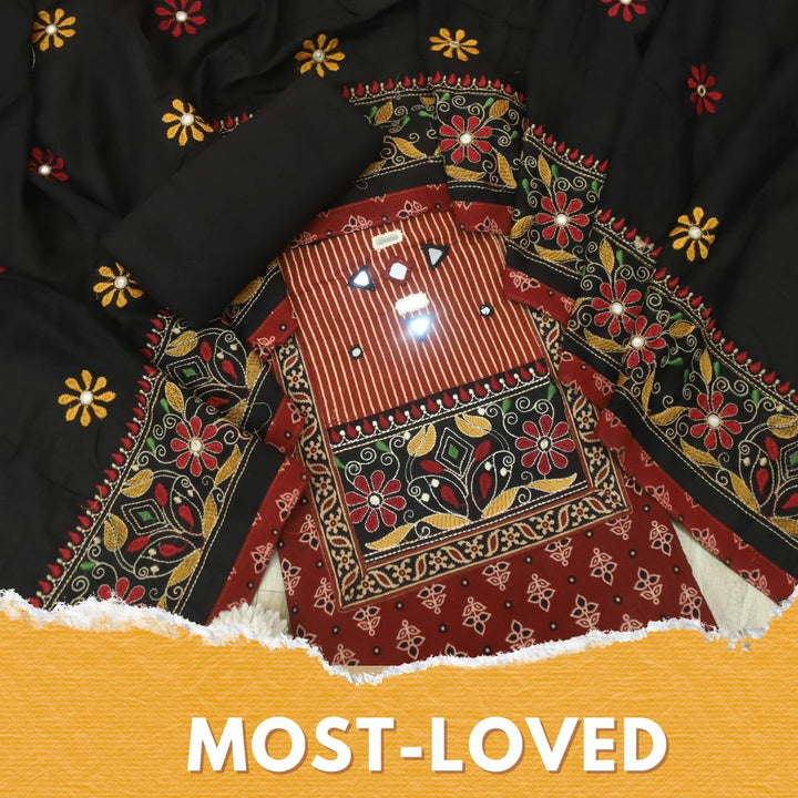 Khairiyat Blood Red Kutch Neck Work with Mirror Cotton Suit Set