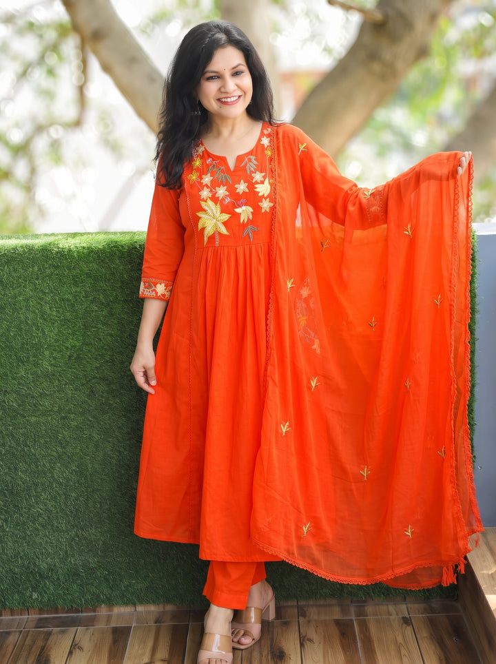 Shiwangi Tangerine Orange Embroidered Mul Cotton 3 Piece Set